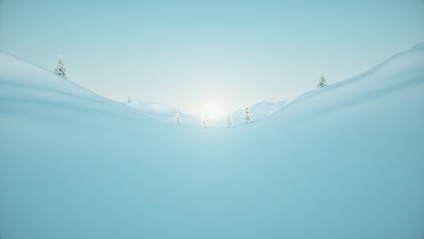 camera flight through a winter landscape with trees and snow and a low sun and blue sky. high quality looped 3d animation