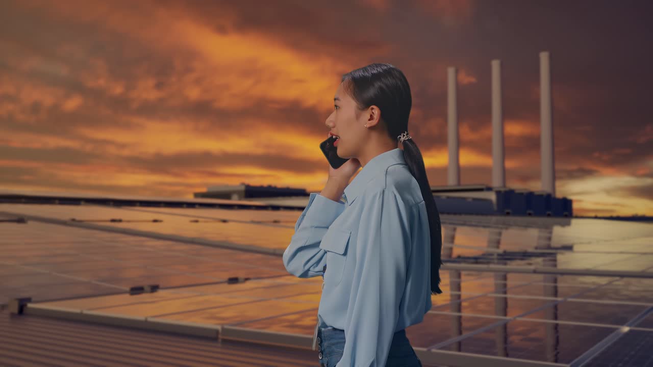 Donna asiatica di profilo che ispeziona pannelli solari sul tetto al tramonto, prende il telefono e inizia a parlarci con un leggero sorriso.