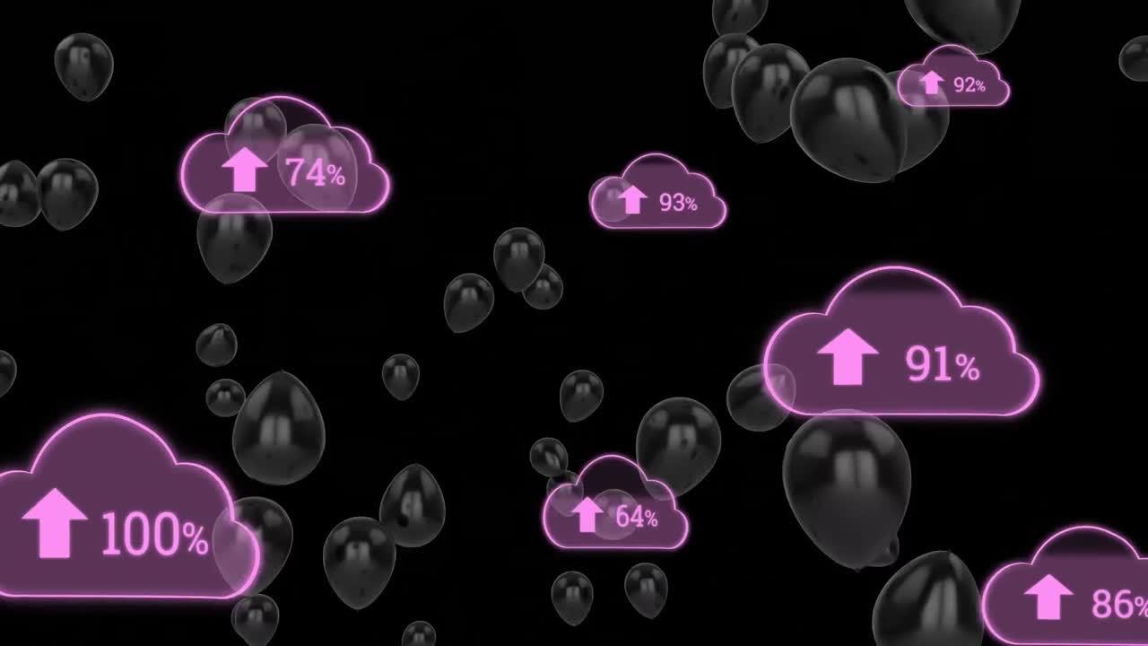 animación de iconos de nubes con un porcentaje creciente y globos flotando contra un fondo negro