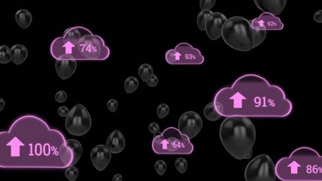 Animation-Von-Wolkensymbolen-Mit-Steigendem-Prozentsatz-Und-Schwebenden-Luftballons-Vor-Schwarzem-Hintergrund