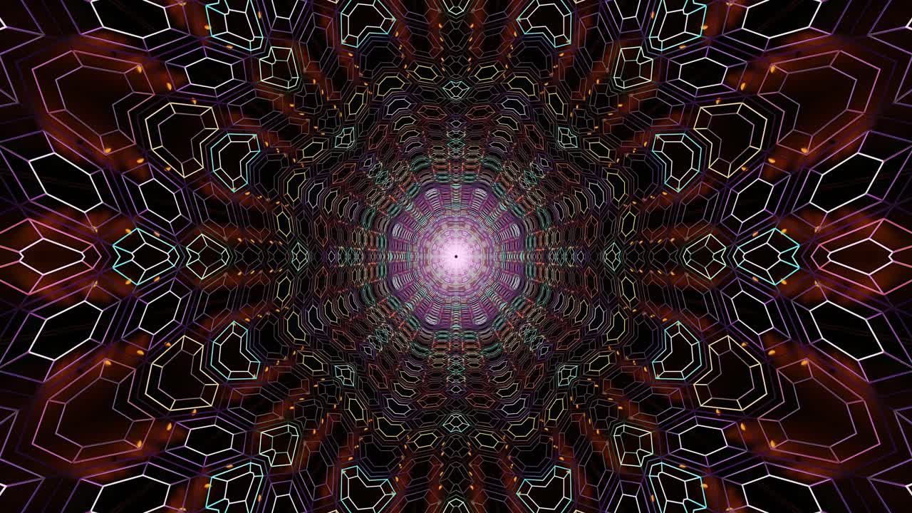 Dynamic abstract pattern creates a mesmerizing visual experience with vibrant colors and geometric shapes seamlessly looping towards a central light source. Perfect for screensaver use