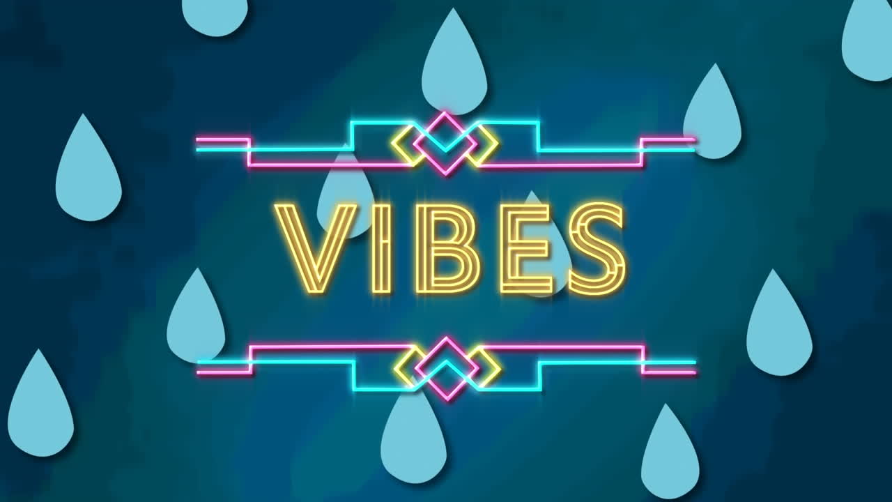 Animaatio, jossa "vibes"-teksti vesipisaroiden päällä sinisellä taustalla