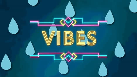 animation of vibes text over water drops on blue background