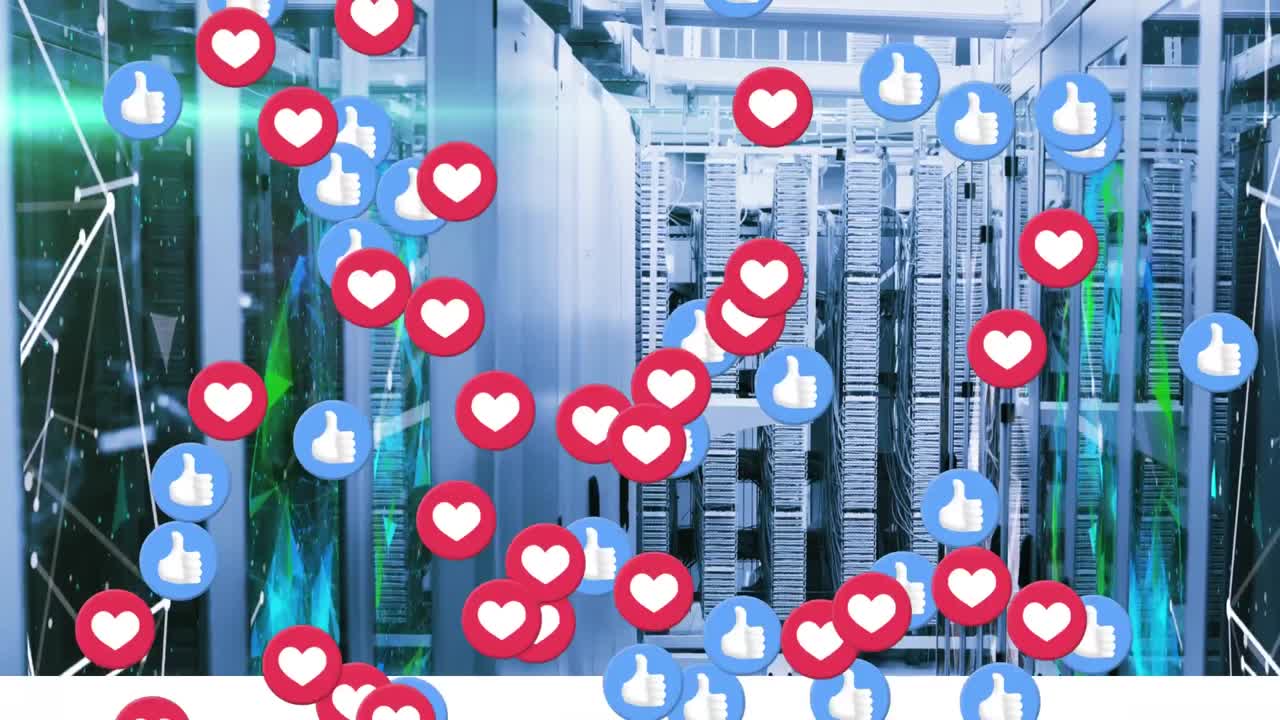 여러 개의 심장과 같은 이모티콘이 빈 서버  ⁇  위에 떠다니며 스크린이 웹을 보여줍니다.