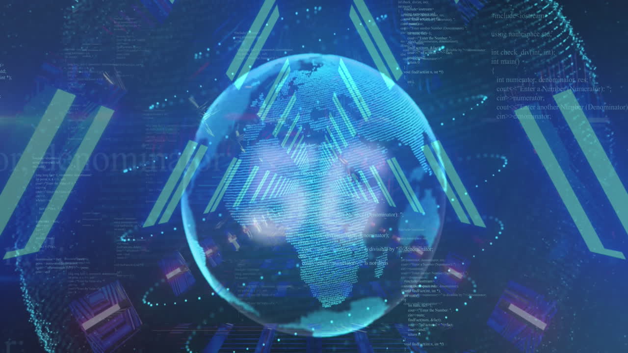 회전하는 지구와 데이터 처리에 대항하여 5g 텍스트를 네온 터널에서 원활한 패턴으로 애니메이션