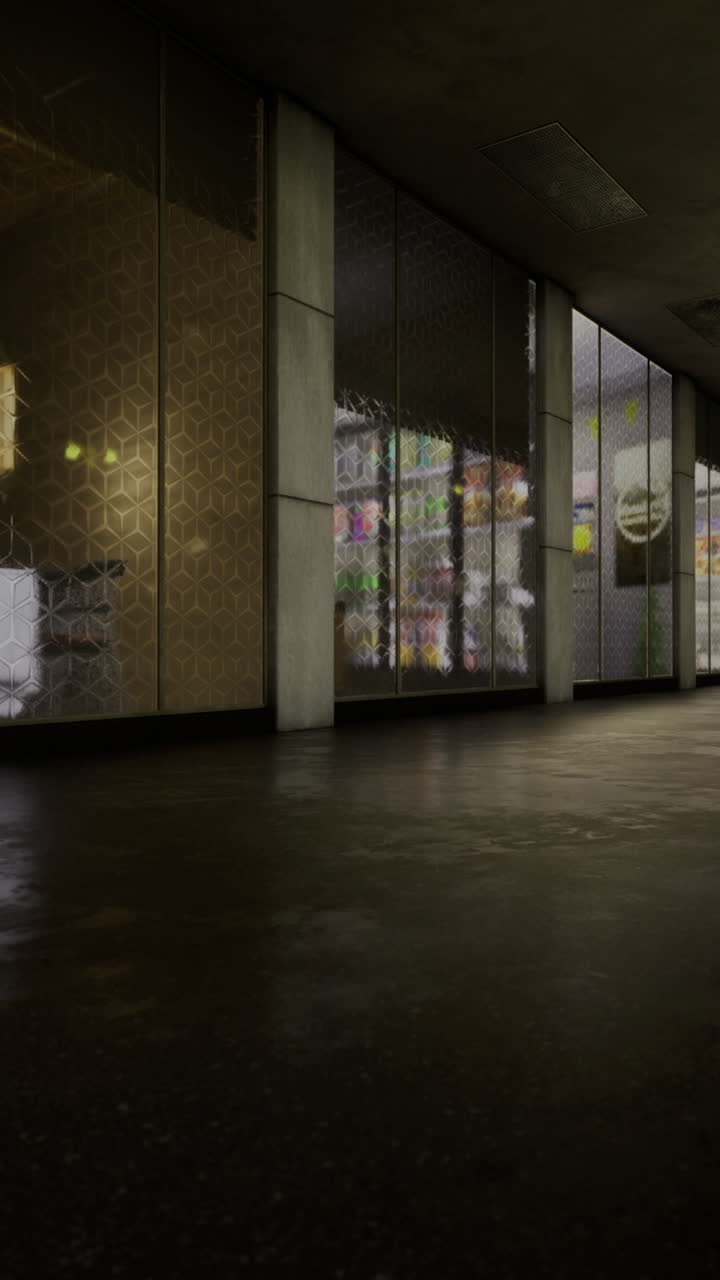 Abandoned urban corridor with reflections and dim lighting late at night