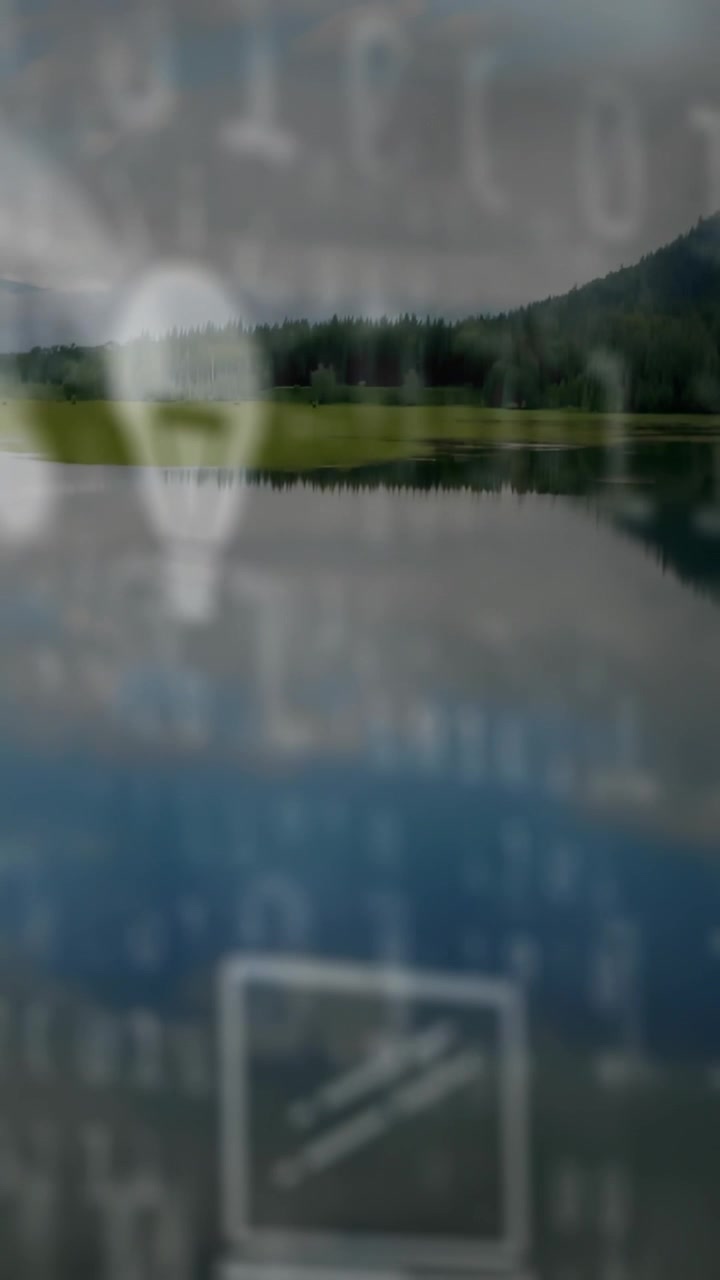 Vertical video: HUD showing bulb and arc staying front while focus pulling revealing lake for tech