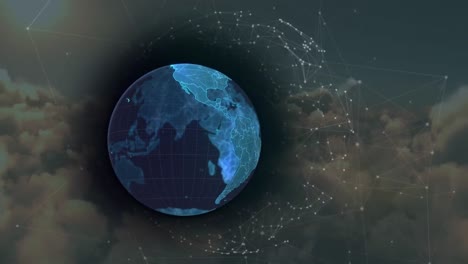 animation of globe and network of connections over sky