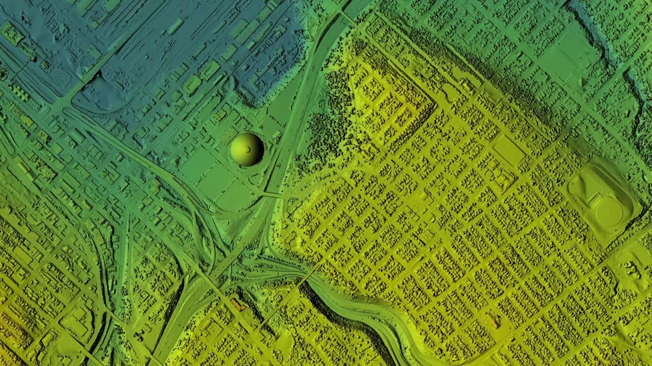 Animated map of urban city area with coloured geospatial data for GIS usage