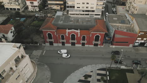 Fonseca-Moreira-Theater,-Felgueiras,-Portugal.-Aerial-flyover