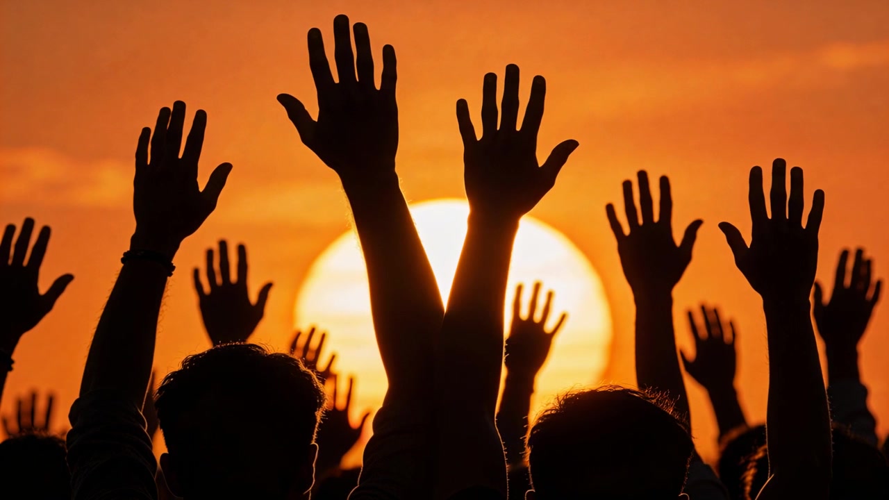 Raising silhouetted crowd shifting arms gently as sun sinking at horizon, at concert with wristband