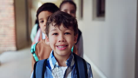 happy, face and children in line at school