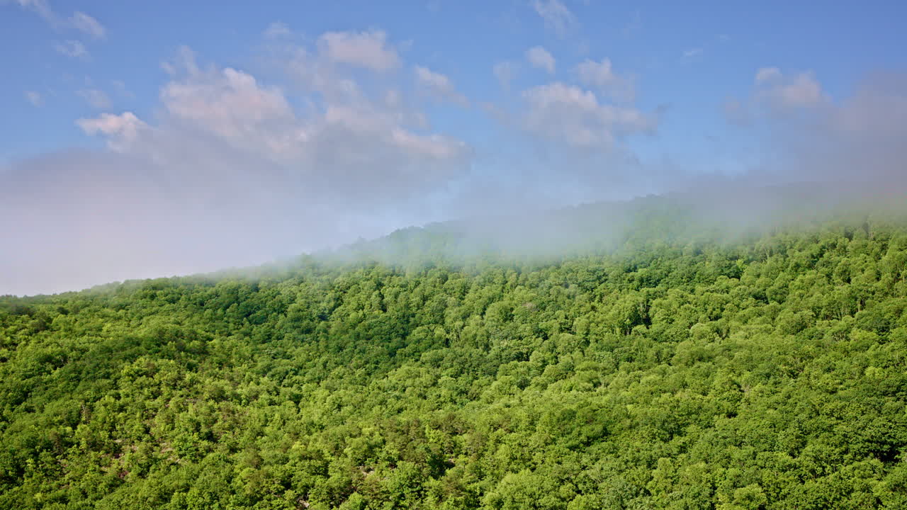 Aerial drone view of dense mist over the Smoky Mountains, North Carolina