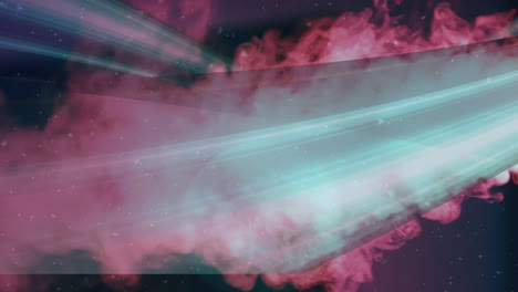 ondas digitales y partículas blancas contra el humo de la nube rosa sobre fondo negro