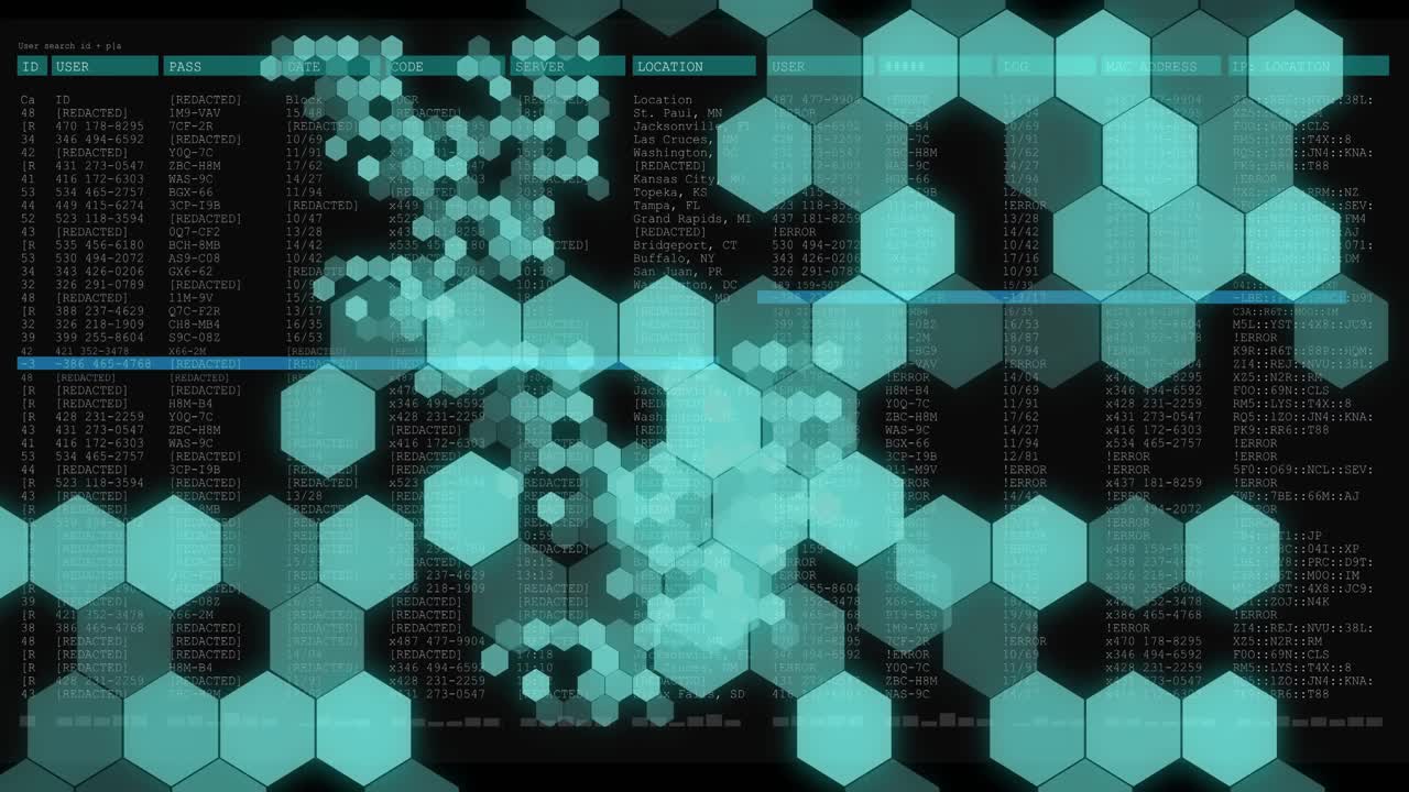 animación del procesamiento de datos y red de hexágonos