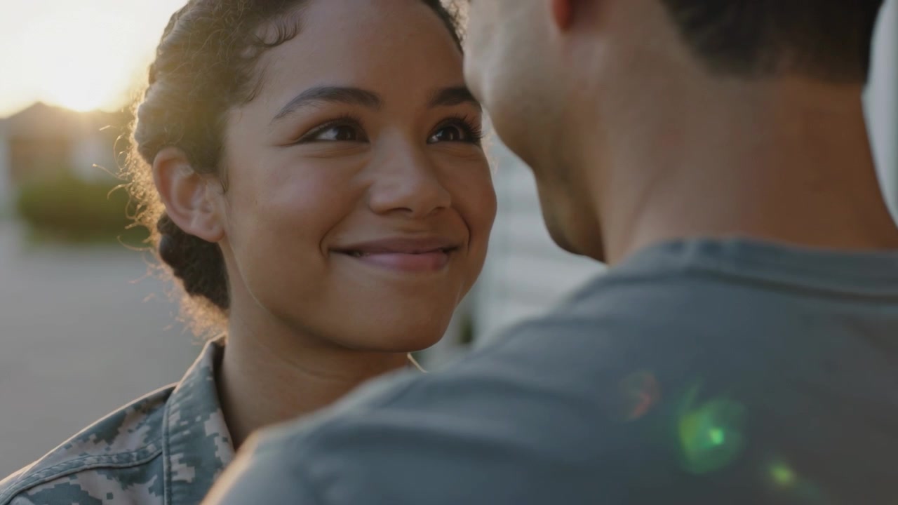 Smiling soldier responding to sunset sharing affection on street, showing camo, grey tee, flare