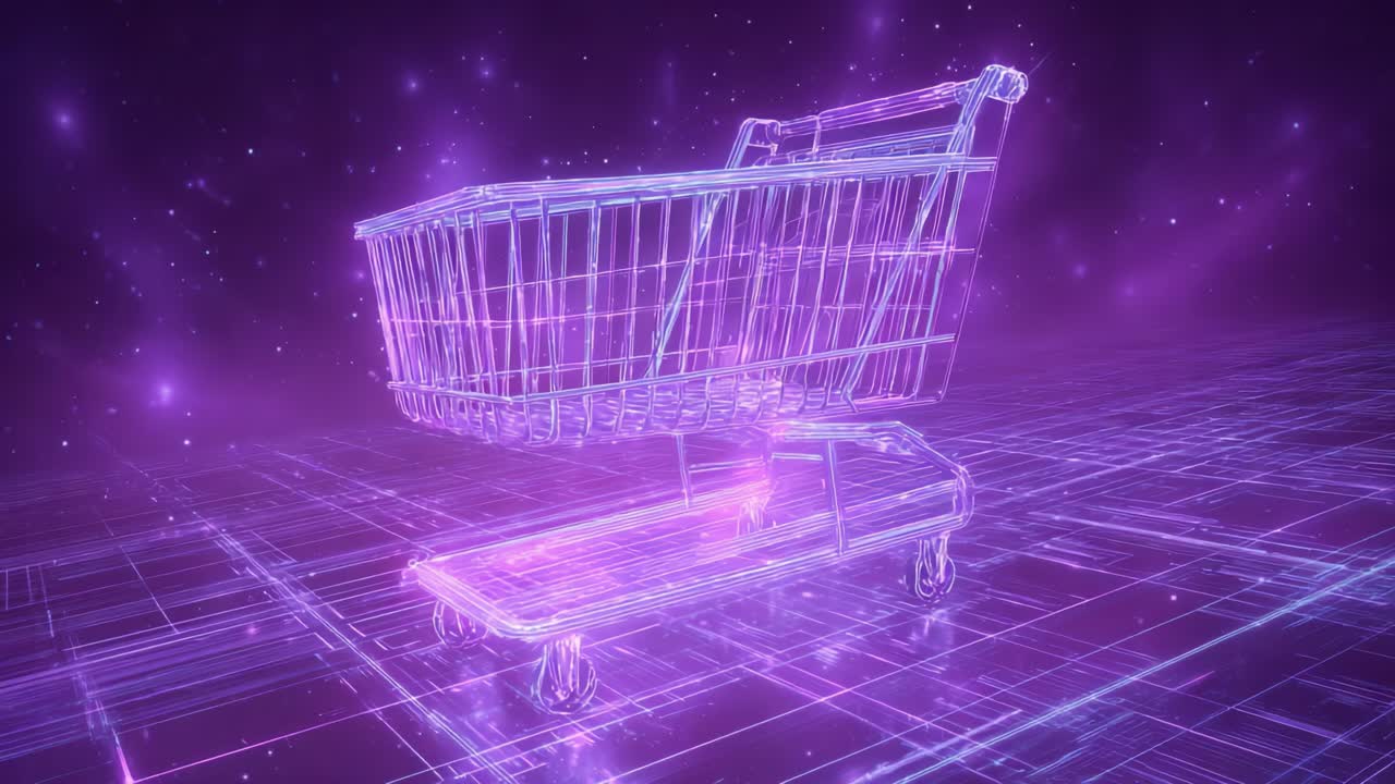 Digital wireframe of a shopping cart moving through a futuristic purple grid, representing concepts of e commerce, online retail, metaverse shopping, and consumerism in the digital age