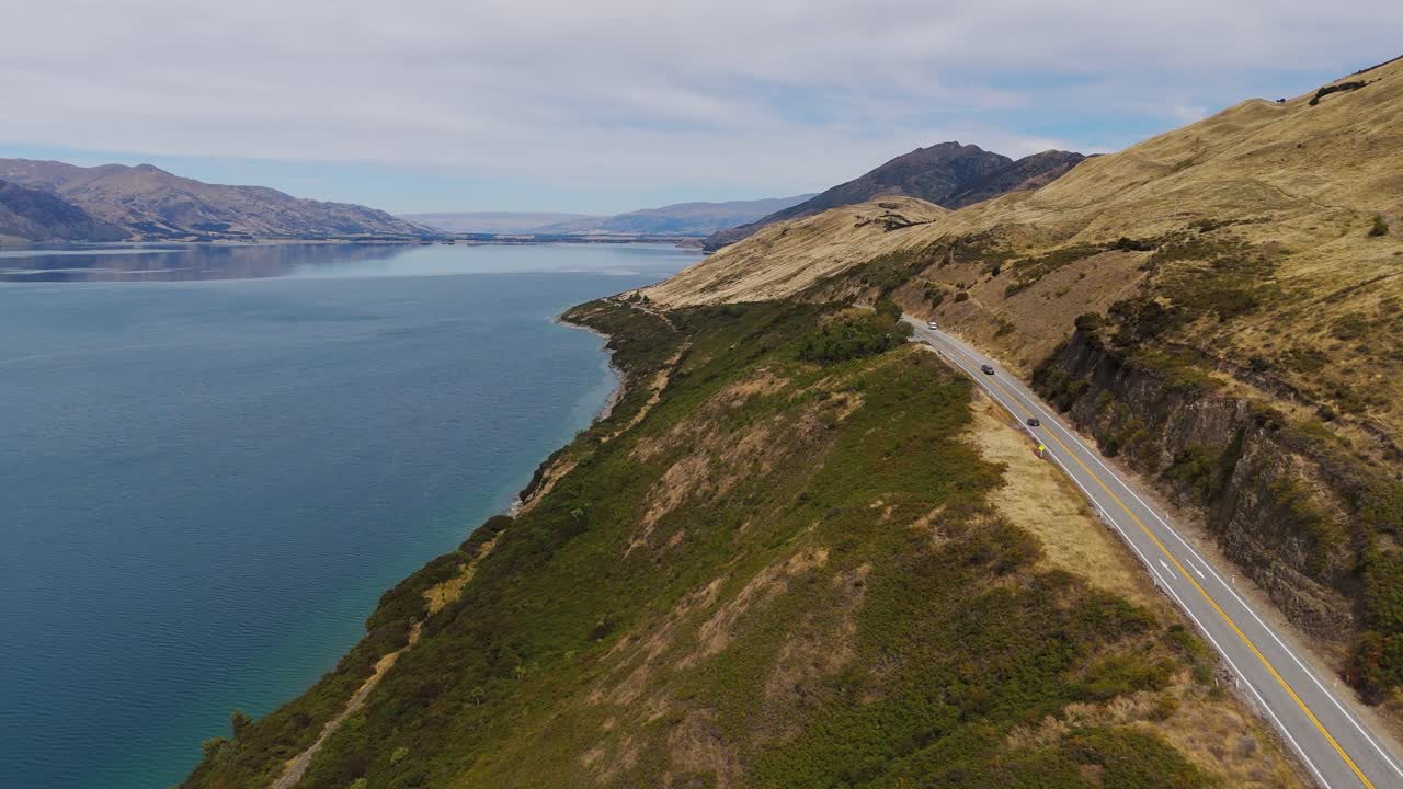Road by the Lake Hawea, South Island of New Zealand. Aerial