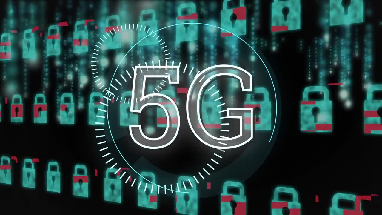 cerraduras y 5g escrito en el medio de un círculo futurista