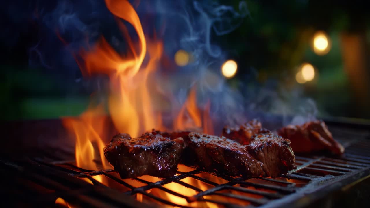 Grilling Juicy Steaks Over a Vibrant Fire with Billowing Flames and Smoky Aromas, Perfectly Cooked on an Outdoor Barbecue, Creating a Sizzling Culinary Experience Amidst a Relaxing Ambience