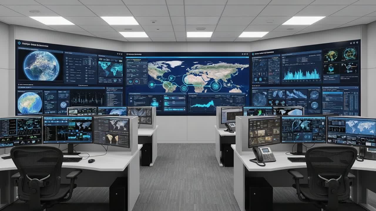 Advanced Data Analytics and Monitoring Room Featuring Multiple High-Tech Screens Displaying Global Information and Insights from Various Data Sources