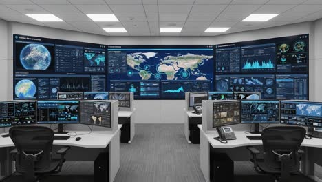 advanced data analytics and monitoring room featuring multiple high-tech screens displaying global information and insights from various data sources
