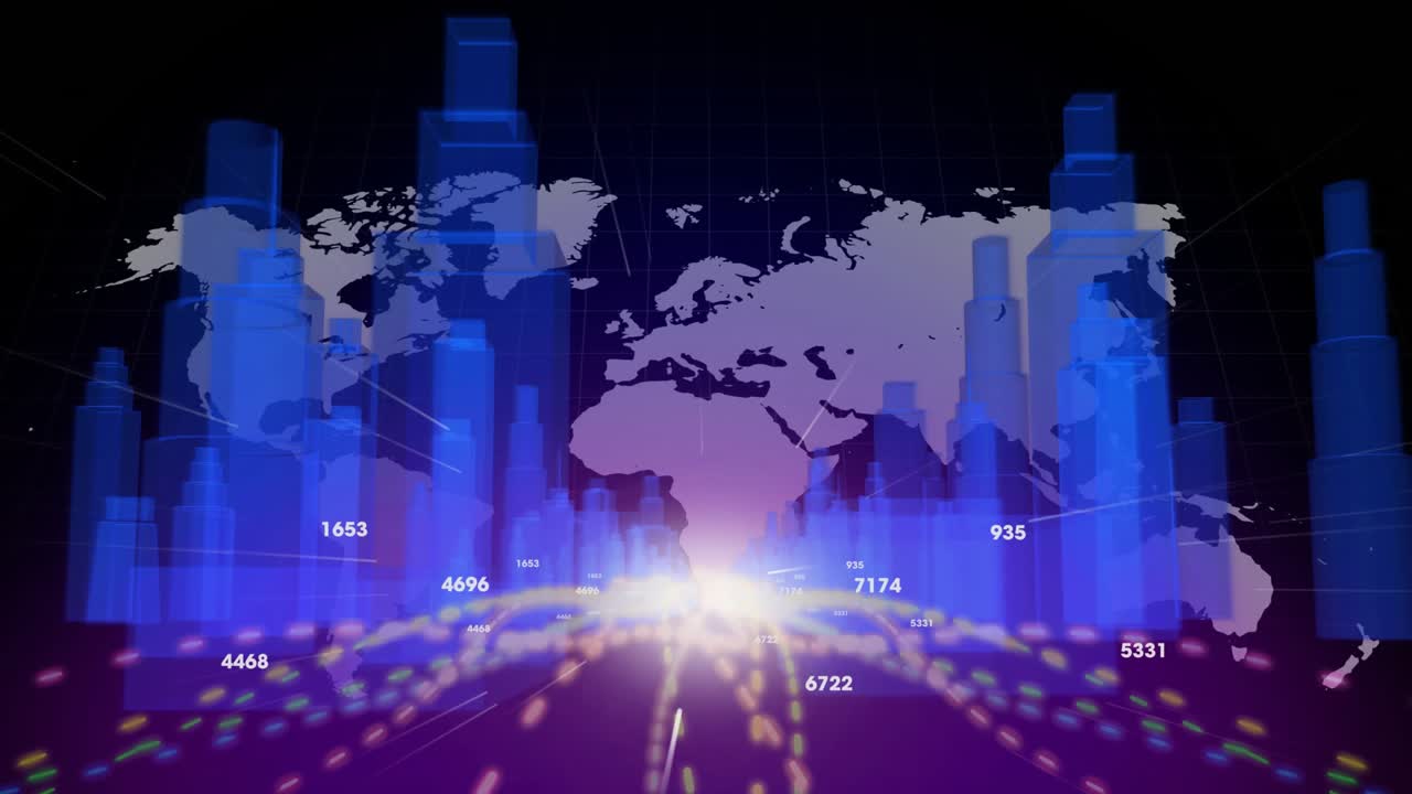 Global data dashboard flare pulsing, bars rising, numbers updating, trails flowing, showing metrics