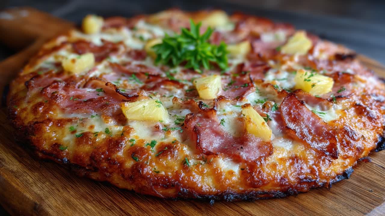 Pizza Hawaiana Squisitamente Cotta al Forno con Prosciutto e Ananas su un Tagliere di Legno, con Formaggio Fuso ed Erbe Fresche per Guarnire