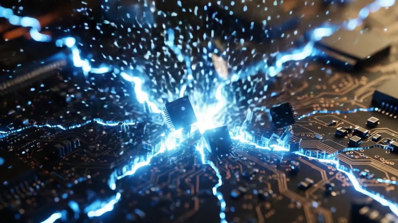 Dynamic Electric Discharge Illuminates Circuit Board, Creating Stunning Visual Display of Technology and Power in Action