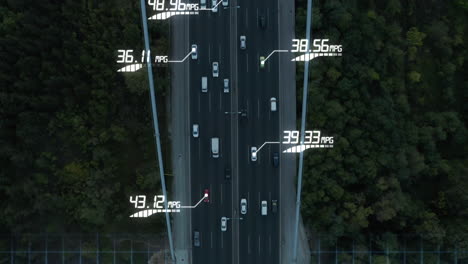 tracking gas mileage, fuel economy of cars on a highway - 3d animation - top down aerial