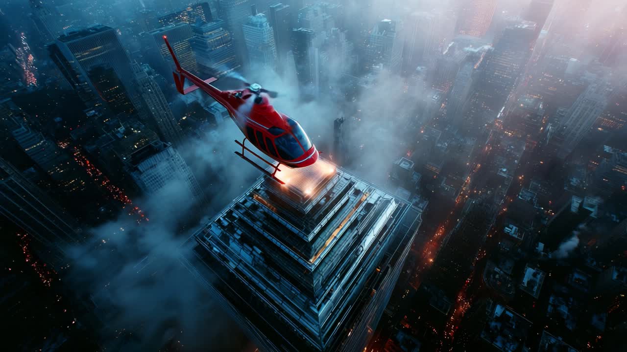 Aerial Perspective of a Helicopter Hovering Above a Skyscraper in a Misty Cityscape, Capturing the Urban Environment from an Elevated Viewpoint