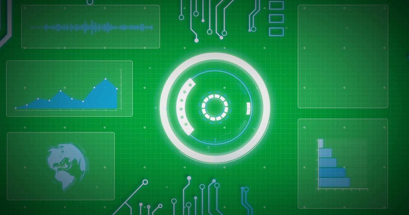 Animation of glowing blue computer circuit board elements over scope and data processing
