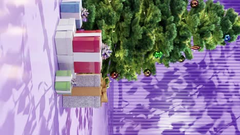 Christmas-tree-with-ornaments-and-wrapped-presents-on-a-purple-floor-against-a-purple-background