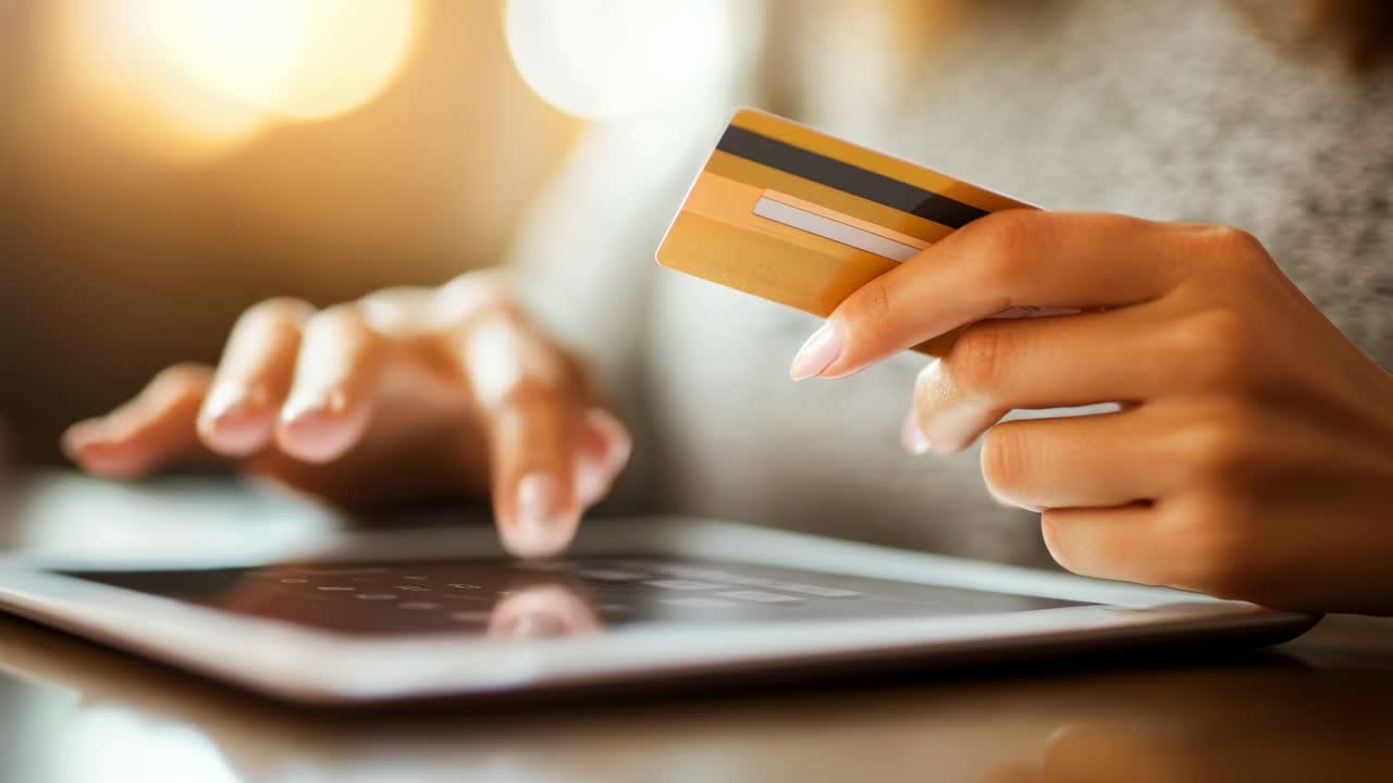 Close-up angle of hands holding a credit card and tablet, ideal for e-commerce video