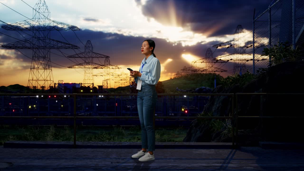 Full Body Side View Of Asian Female Worker Standing With Her Phone Near High Voltage Tower, Industrial Facility, She Observes By Looking Around Before She Come To Concentrating With Her Smartphone