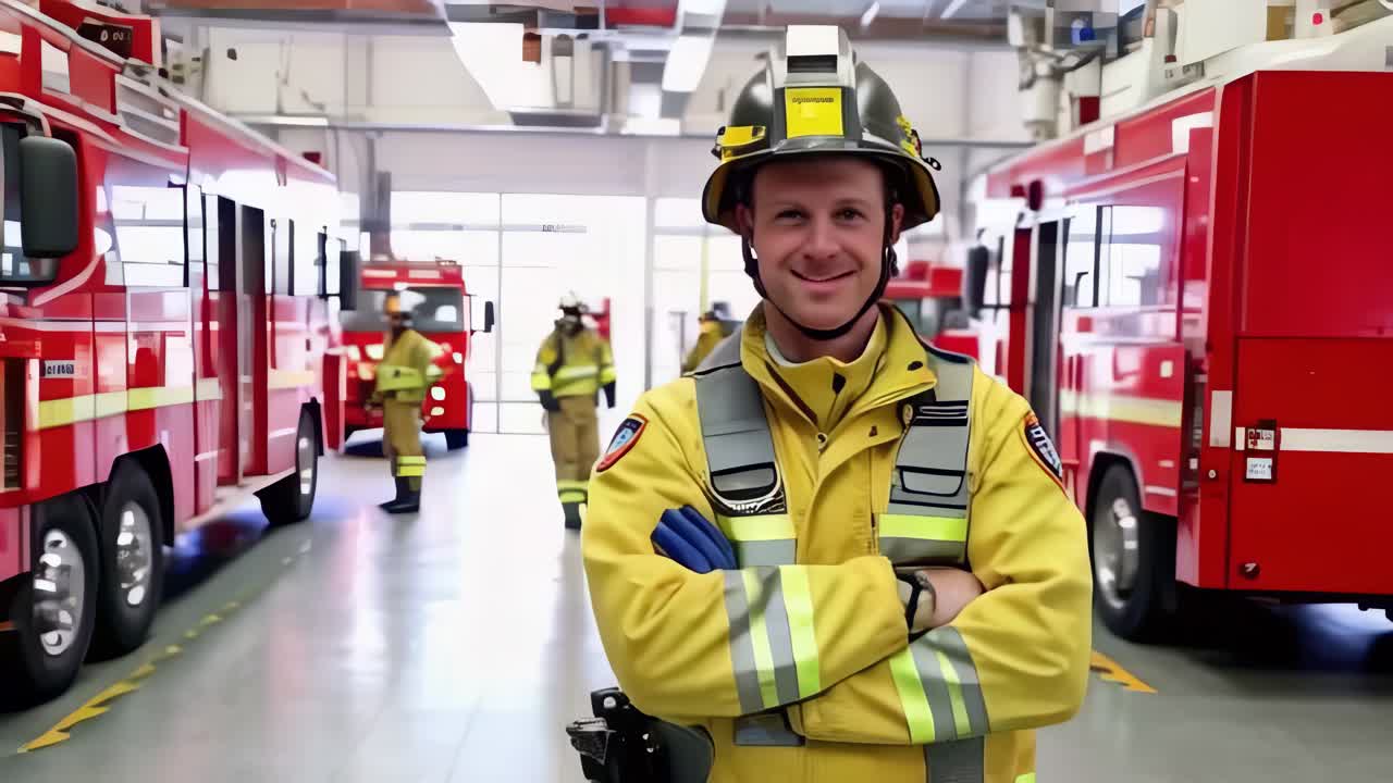 A firefighter standing confidently with arms crossed, smiling and looking at the camera.