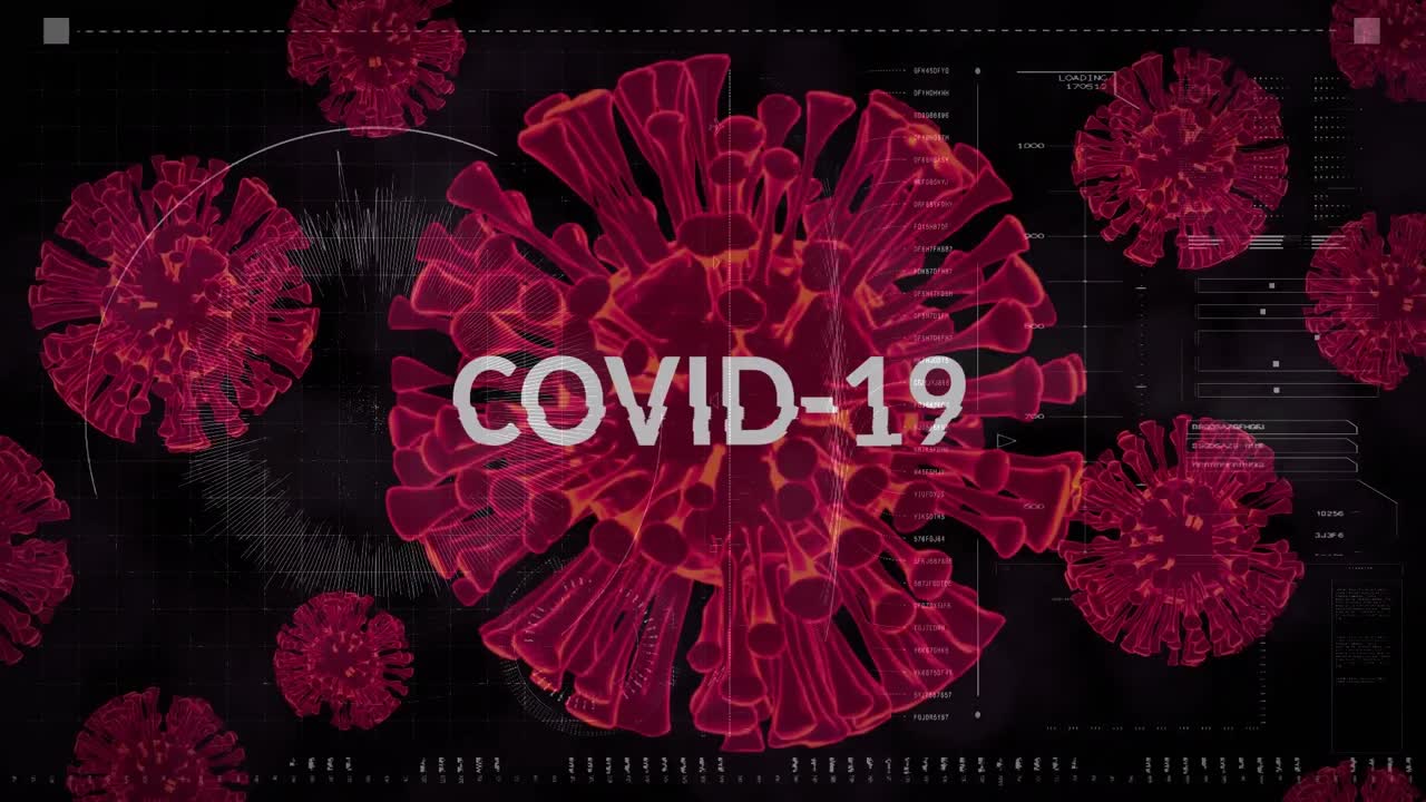 animación del procesamiento de datos sobre células de virus y texto de covid-19