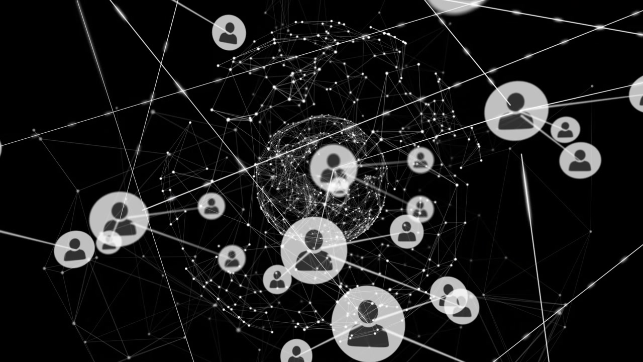 Animation of network of connections with icons on black background