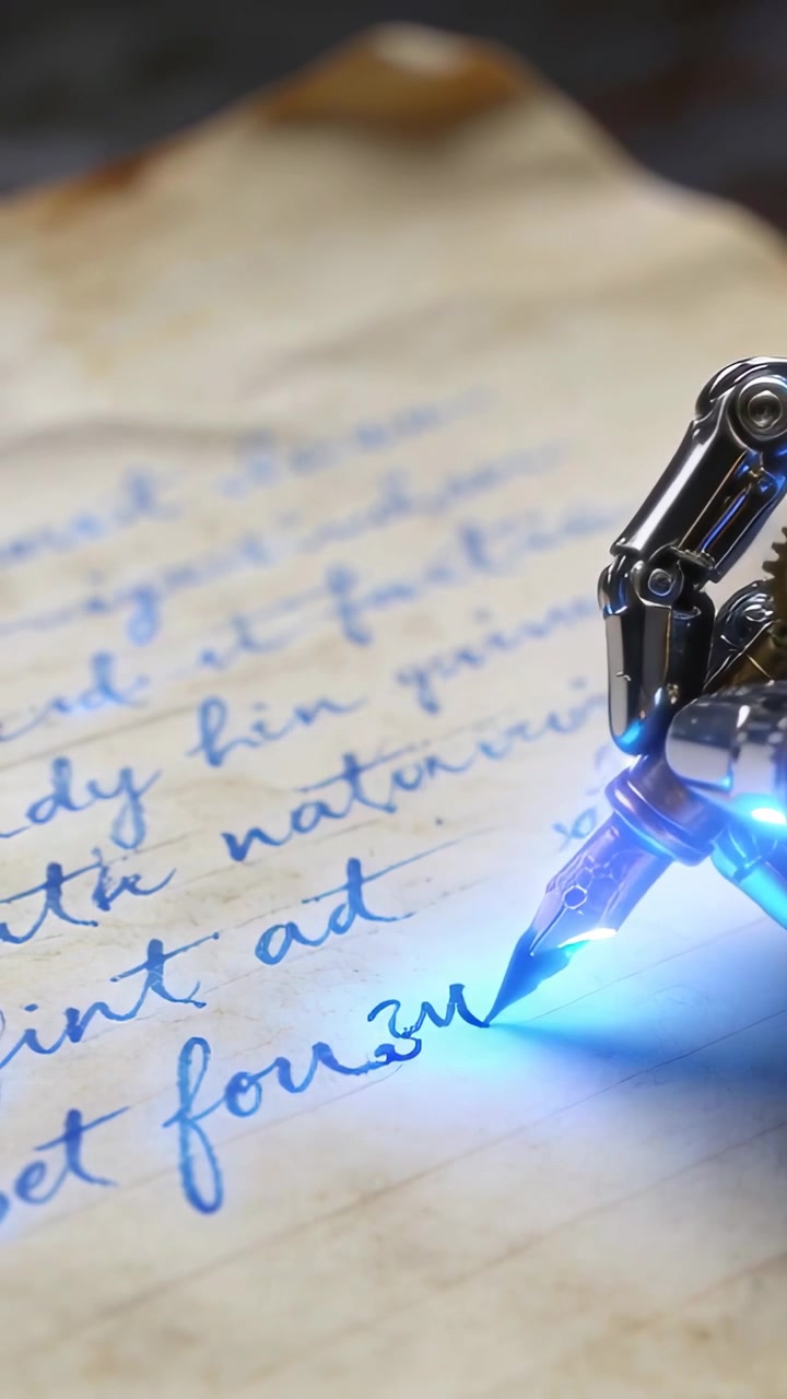 Vertical video: Blue glow making geared hand guiding nib inking blue lines on parchment, copy space