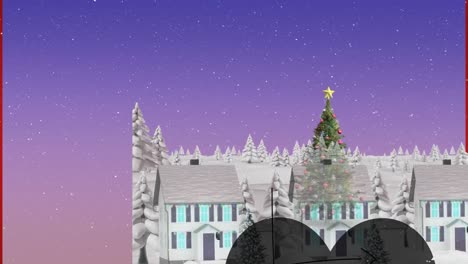 animation of snow falling over house icon and christmas tree against purple gradient background