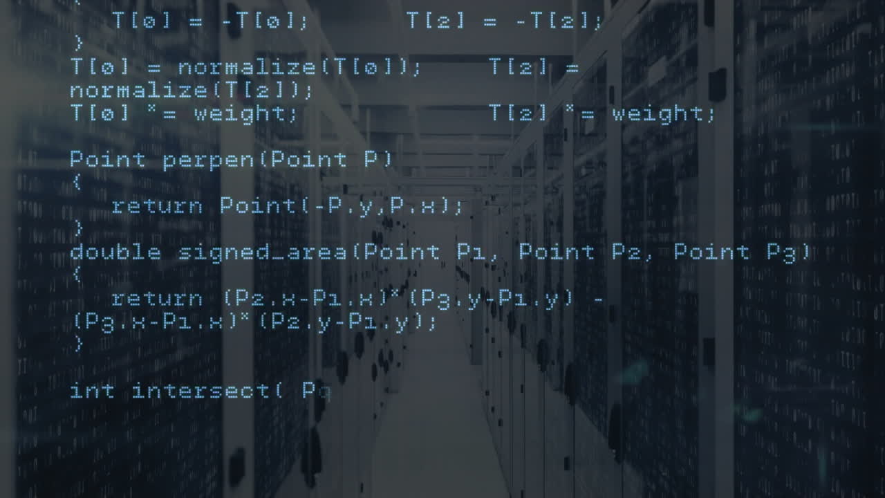 Animating computer code over servers in data center with lights blinking