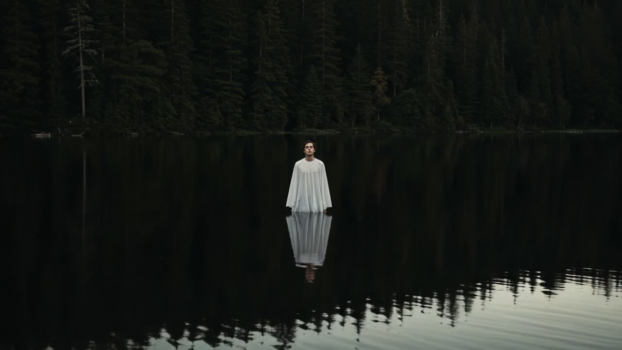 A Mysterious Figure in White Stands Poised on the Still Surface of a Tranquil Lake, Surrounded by Dark Green Forest Reflections