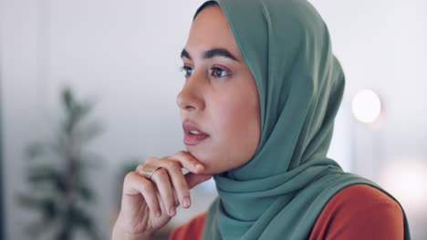 Muslim-business-woman,-face-and-thinking