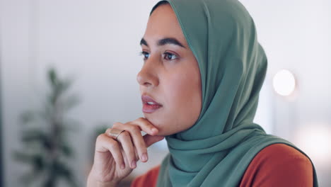 muslim business woman, face and thinking