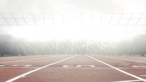 animation of racing track, empty stands and glowing spotlights in sports stadium