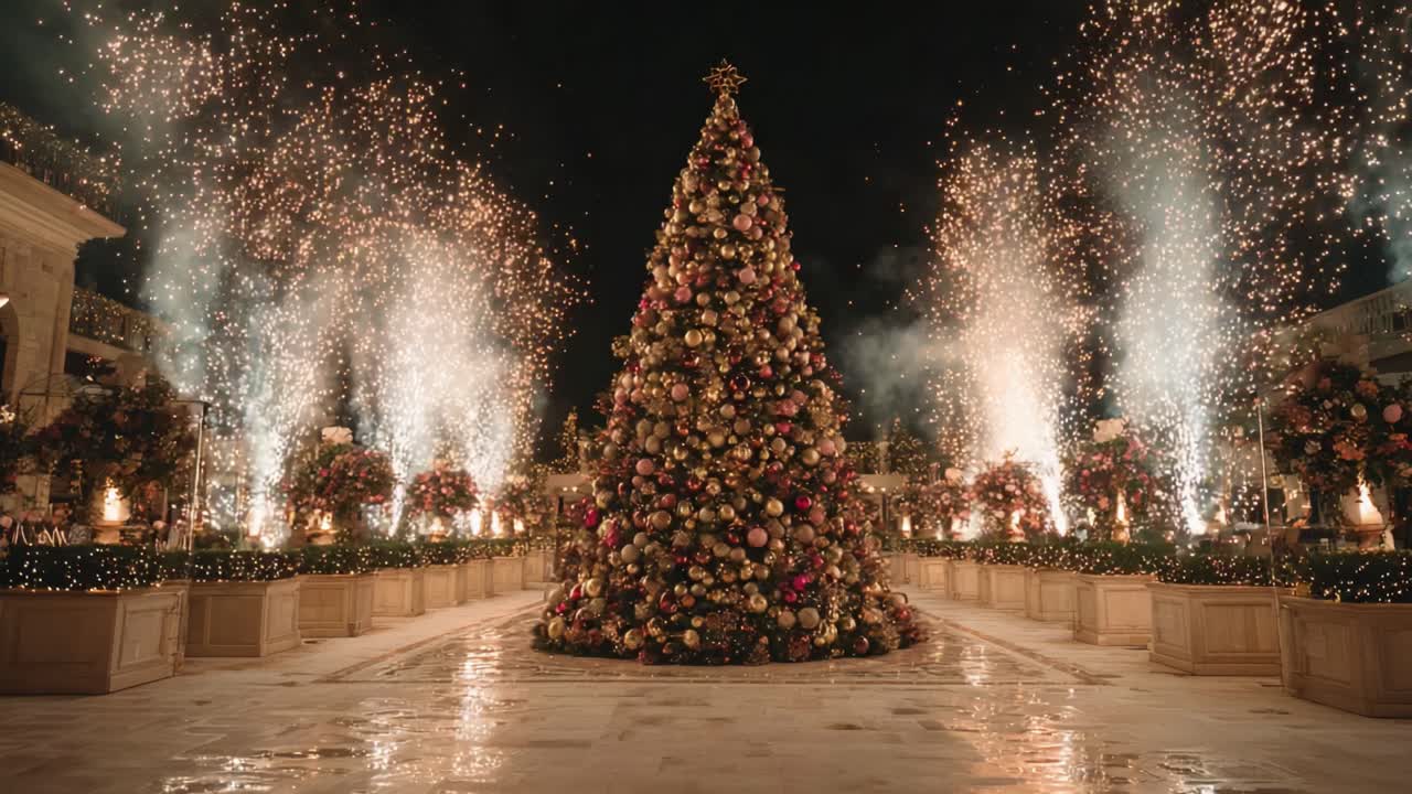 A Glorious Holiday Scene Featuring a Magnificent Christmas Tree Surrounded by Festive Decorations and Fireworks, Creating an Enchanting Winter Wonderland Atmosphere