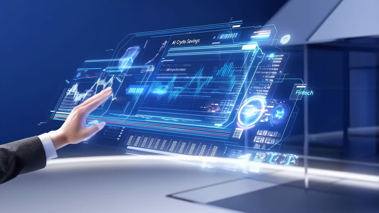 Hand Interacting with AI Crypto Savings Holographic Display for Fintech