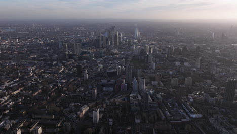 High-aerial-shot-towards-the-city-of-London-skyscrapers-from-Old-street