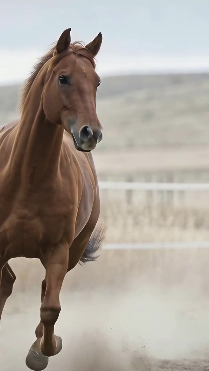 Video verticale: Cavallo sauro che avanza, sollevando polvere dopo il colpo dello zoccolo in un paddock con recinzione bianca.