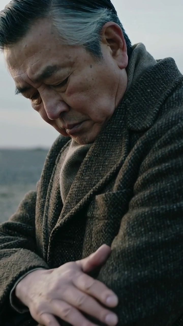 Vertical video: Rubbing left arm after gaze lowers, senior man by sea wearing coat scarf reflecting